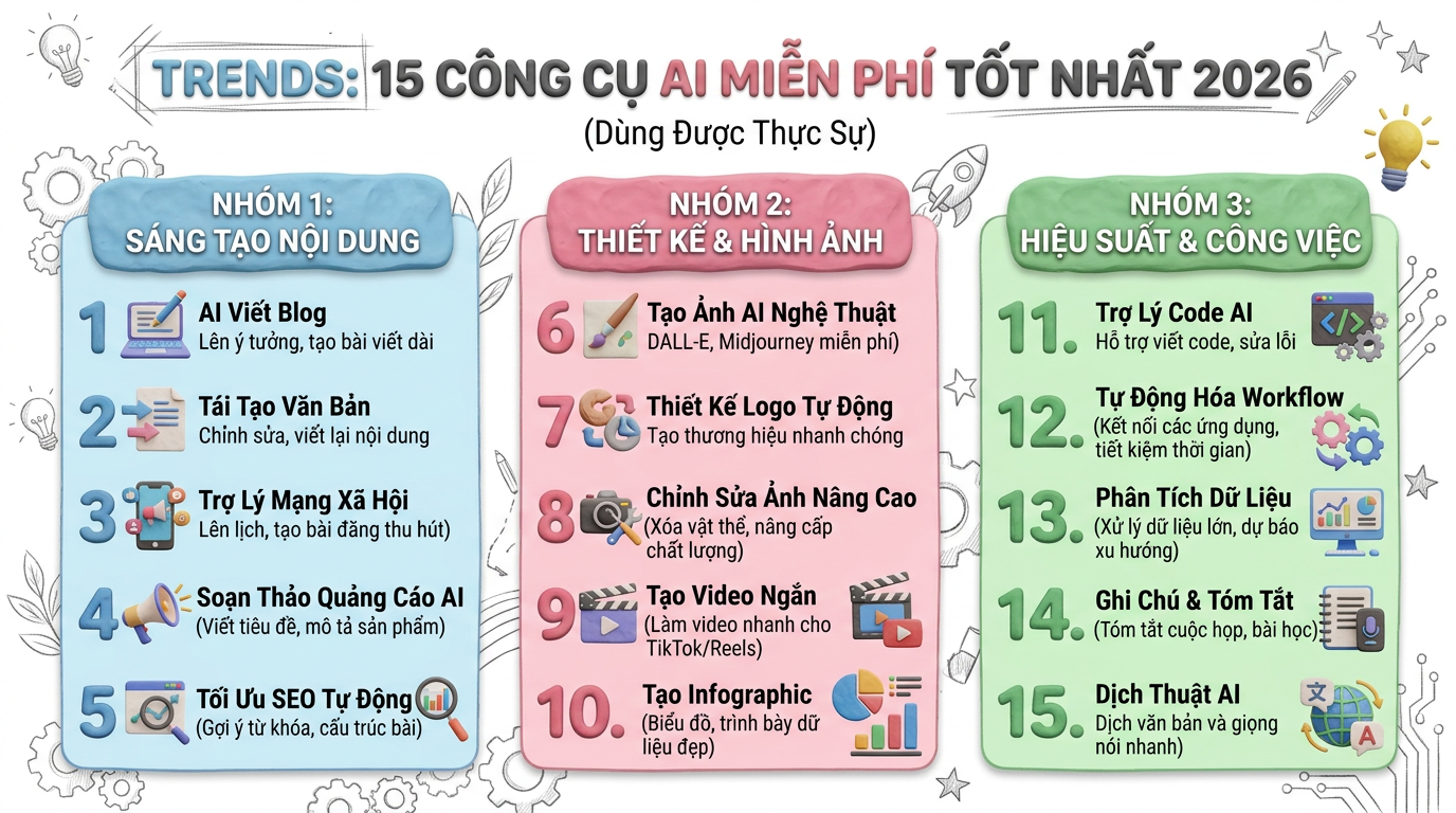 15 Công Cụ AI Miễn Phí Tốt Nhất 2026 (Dùng Được Thực Sự)