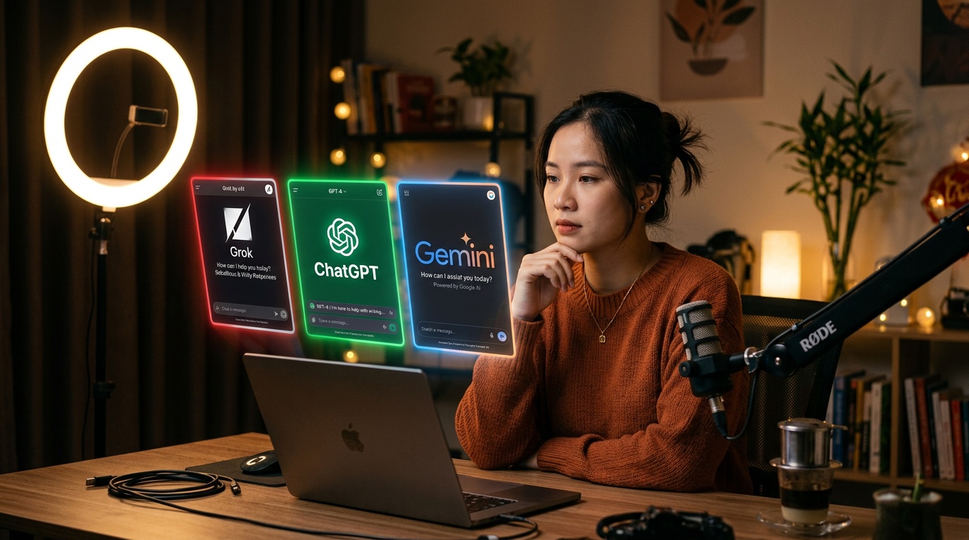 Creator Việt thử nghiệm cùng lúc 3 AI Grok GPT Gemini