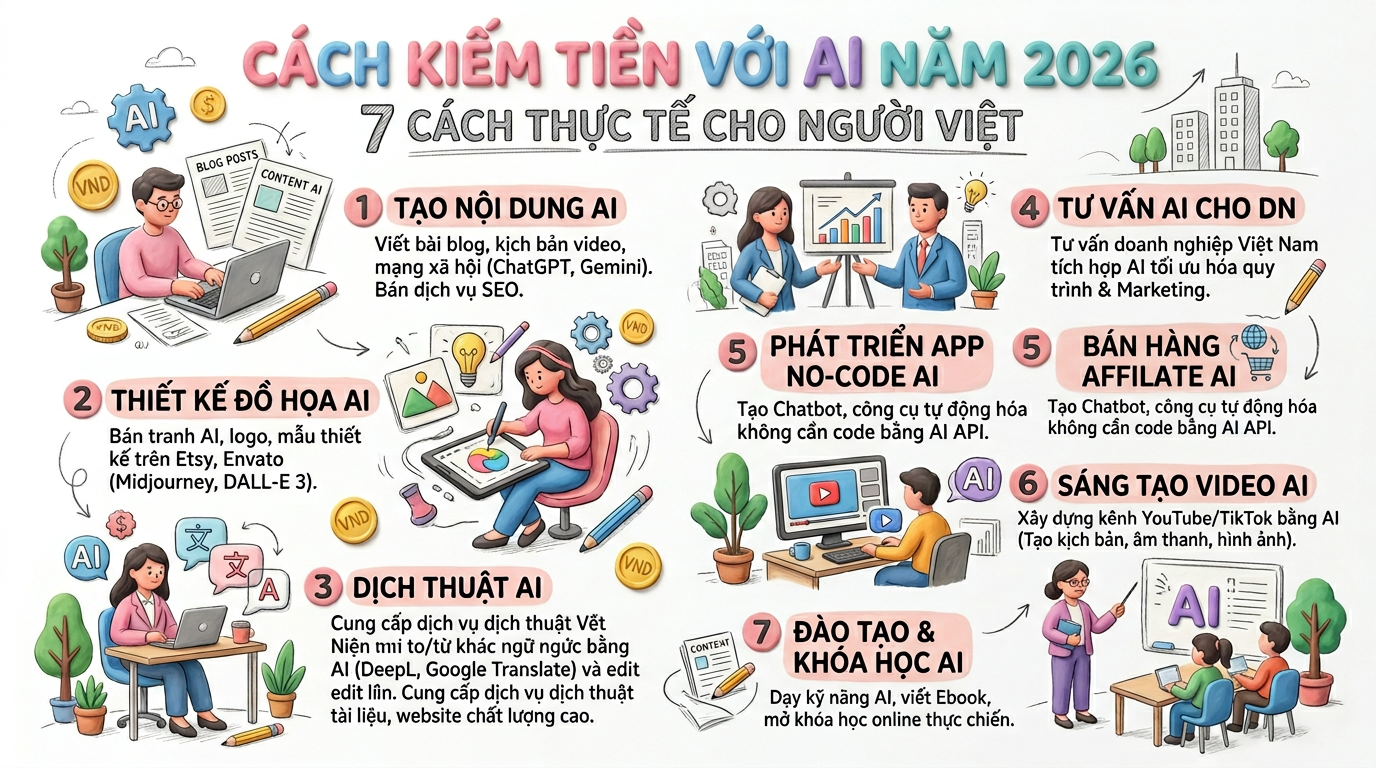 Cách kiếm tiền với AI năm 2026 – 7 cách thực tế cho người Việt