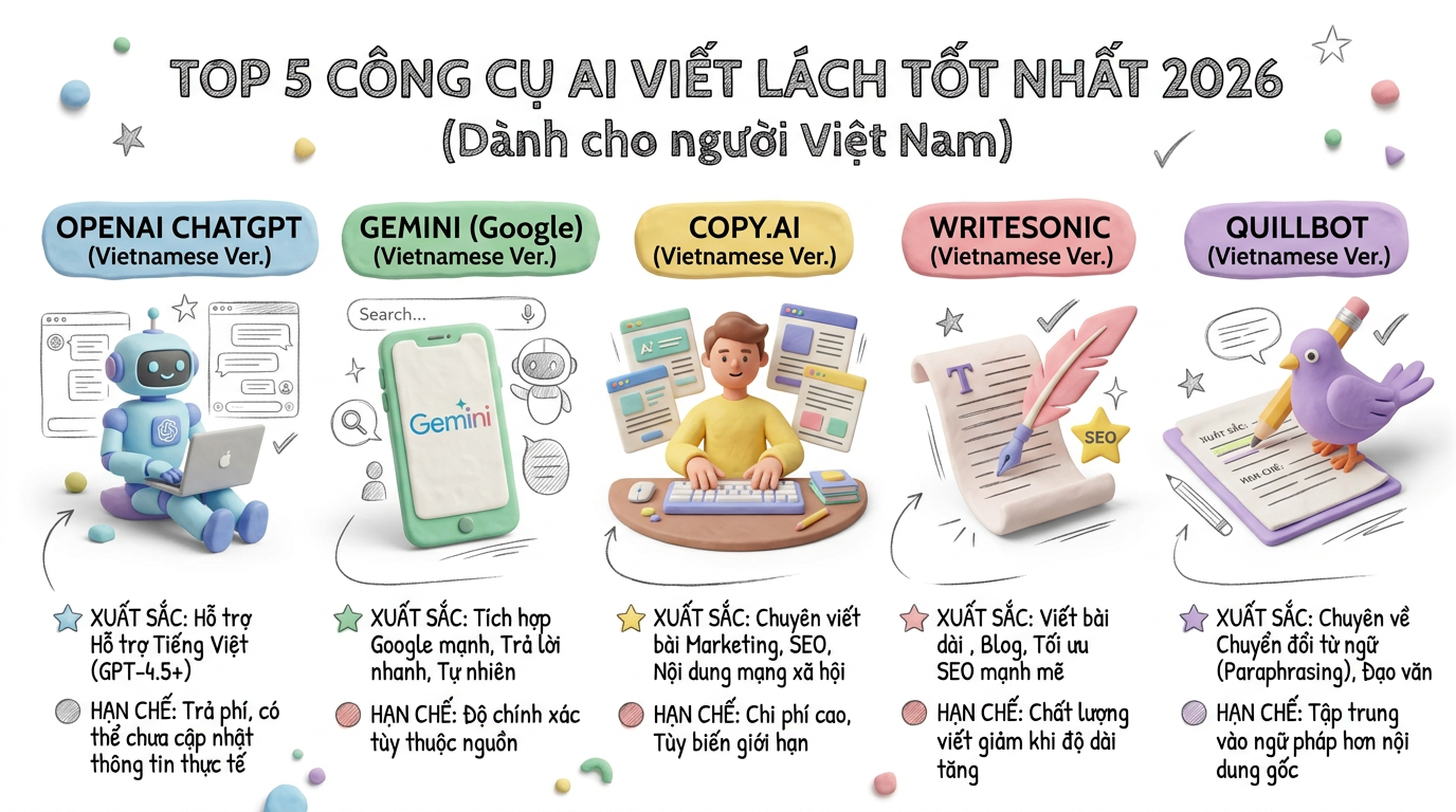 Top 5 công cụ AI viết lách tốt nhất 2026 cho người Việt